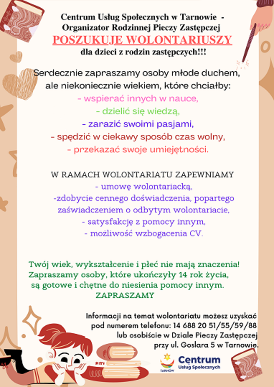 Plakat akcji poszukiwania wolontariuszy dla dzieci z rodzin zastępczych